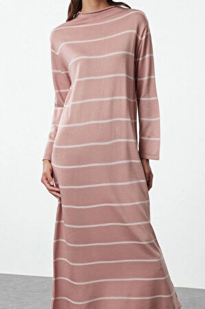 Moda Stil Relaxed Dik Yaka Maxi Boy Tesettür Çizgili Triko Elbise