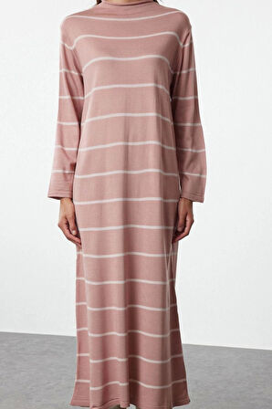 Moda Stil Relaxed Dik Yaka Maxi Boy Tesettür Çizgili Triko Elbise