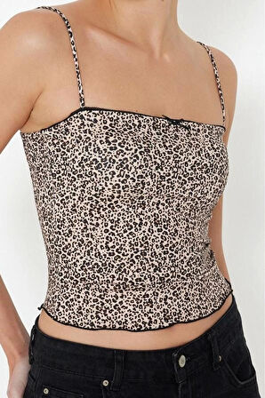Stil Kadın Leopar Baskılı Süper Esnek Bluz Crop Örme Slim Kalıp