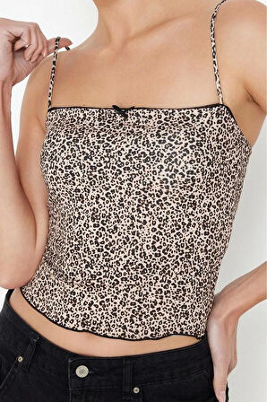Stil Kadın Leopar Baskılı Süper Esnek Bluz Crop Örme Slim Kalıp