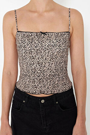 Stil Kadın Leopar Baskılı Süper Esnek Bluz Crop Örme Slim Kalıp