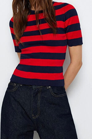 Moda Kare Yaka Triko Slim Çizgili Desen Casual Günlük Regular Kısa Kol Bluz