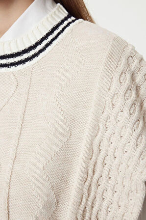 Kadın Modern Tarz Rahat Uzun Bisiklet Yaka Saç Örgü Kol Regular Triko Süveter