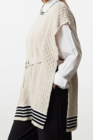 Kadın Modern Tarz Rahat Uzun Bisiklet Yaka Saç Örgü Kol Regular Triko Süveter