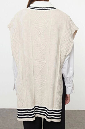 Kadın Modern Tarz Rahat Uzun Bisiklet Yaka Saç Örgü Kol Regular Triko Süveter