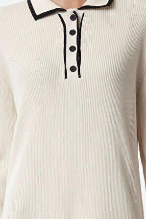 Moda Stil Fitted Polo Yaka Maxi Boy Tesettür Yakası Biyeli Triko Elbise