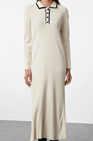 Moda Stil Fitted Polo Yaka Maxi Boy Tesettür Yakası Biyeli Triko Elbise
