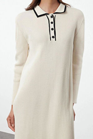 Moda Stil Fitted Polo Yaka Maxi Boy Tesettür Yakası Biyeli Triko Elbise