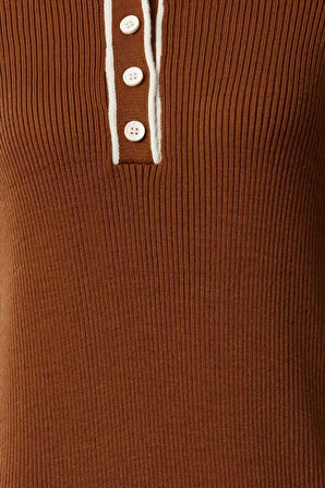 Moda Stil Fitted Polo Yaka Maxi Boy Tesettür Yakası Biyeli Triko Elbise