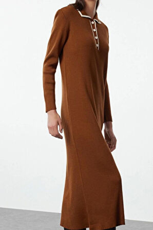 Moda Stil Fitted Polo Yaka Maxi Boy Tesettür Yakası Biyeli Triko Elbise