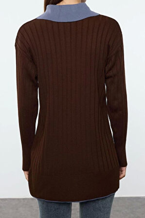 Kadın Modern Tarz Rahat Uzun Polo Yaka Dokulu Kol Regular Triko Kazak