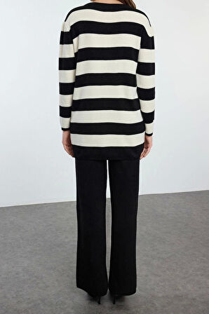 Tarz Kadın Modern Moda Normal Bel Boru Paça V Yaka Çizgili Triko Hırka Pantolon Alt-Üst Takım