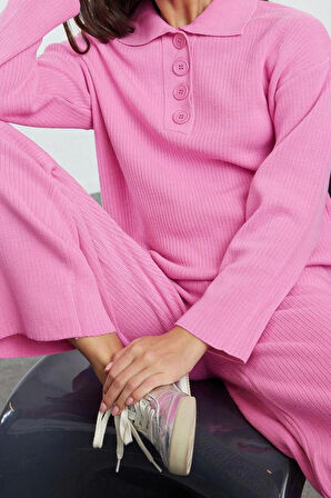 Tarz Kadın Modern Moda Normal Bel Geniş Paça V Yaka Polo Yaka Ftilli Triko Alt-Üst Takım