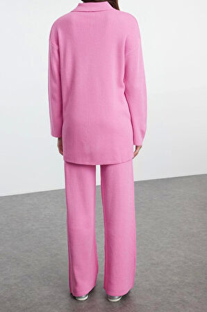 Tarz Kadın Modern Moda Normal Bel Geniş Paça V Yaka Polo Yaka Ftilli Triko Alt-Üst Takım