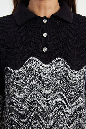 Kadın Modern Tarz Rahat Uzun Polo Yaka Renk Bloklu Kol Regular Triko Kazak