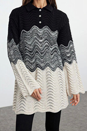 Kadın Modern Tarz Rahat Uzun Polo Yaka Renk Bloklu Kol Regular Triko Kazak