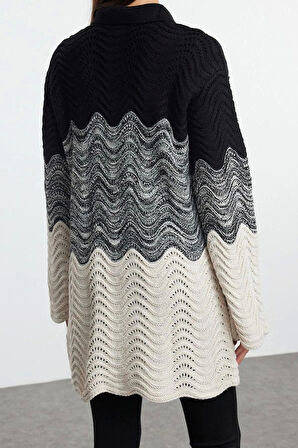 Kadın Modern Tarz Rahat Uzun Polo Yaka Renk Bloklu Kol Regular Triko Kazak