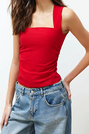 Moda Kare Yaka Örme Slim Düz Desen Casual Günlük Regular Askılı Kol Bluz