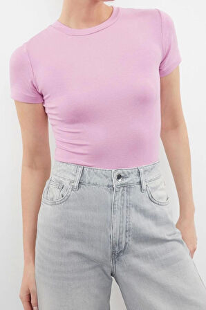 Moda Bisiklet Yaka Örme Slim Çizgili Desen Casual Günlük Regular Kısa Kol Bluz