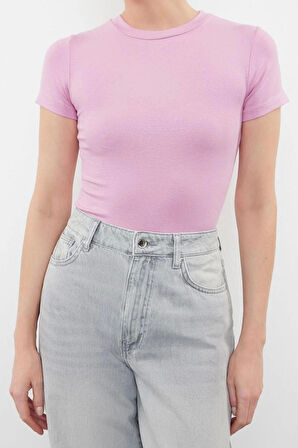 Moda Bisiklet Yaka Örme Slim Çizgili Desen Casual Günlük Regular Kısa Kol Bluz