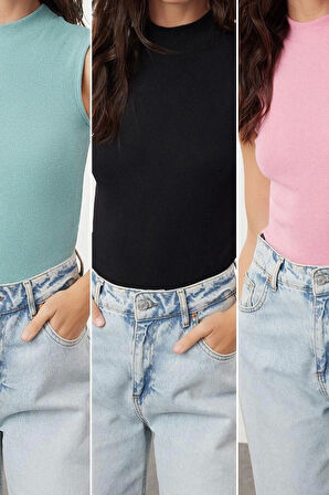 Moda Dik Yaka Örme Slim Düz Desen Casual Günlük Regular Kolsuz Bluz