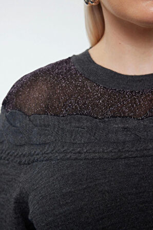 Büyük Beden Kadın Modern Tarz Rahat Uzun Bisiklet Yaka Saç Örgü Kol Regular Triko Kazak