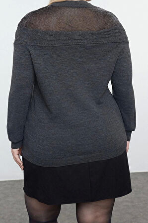 Büyük Beden Kadın Modern Tarz Rahat Uzun Bisiklet Yaka Saç Örgü Kol Regular Triko Kazak