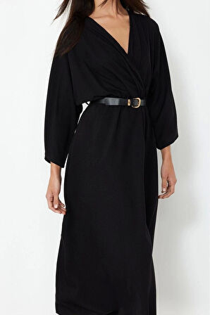 Moda Stil Regular Kruvaze Midi Boy Düz Elbise