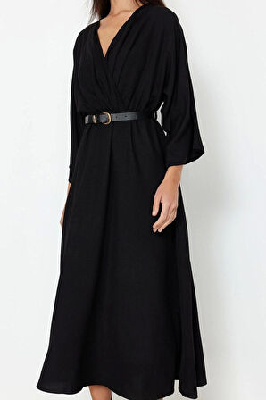 Moda Stil Regular Kruvaze Midi Boy Düz Elbise