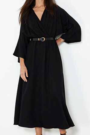 Moda Stil Regular Kruvaze Midi Boy Düz Elbise