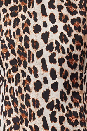Moda Stil Regular Bisiklet Yaka Mini Boy Leopar Desenli Düz Kesim Saten Dokuma Elbise