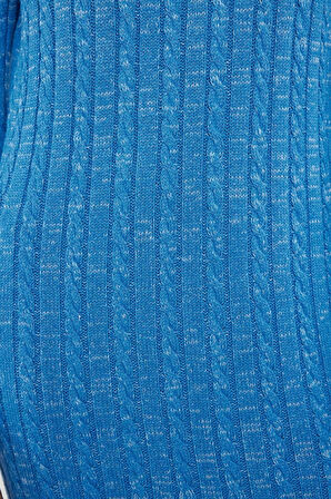 Moda Stil Fitted Dik Yaka Midi Boy Tesettür Denim Yıkamalı Saç Örgülü Triko Elbise