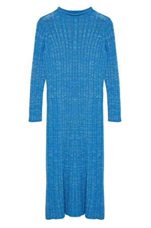 Moda Stil Fitted Dik Yaka Midi Boy Tesettür Denim Yıkamalı Saç Örgülü Triko Elbise