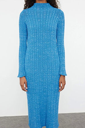 Moda Stil Fitted Dik Yaka Midi Boy Tesettür Denim Yıkamalı Saç Örgülü Triko Elbise