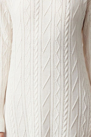 Moda Stil Relaxed Bisiklet Yaka Maxi Boy Tesettür Saç Örgü Desenli Eteği Volanlı Triko Elbise