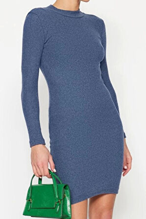 Moda Stil Slim Dik Yaka Mini Boy Vücuda Oturan Fitilli Esnek Örme Kalem Elbise
