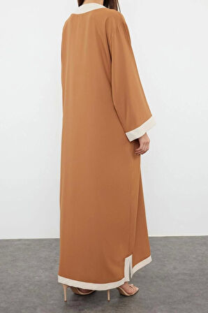 Moda Dokuma Rahat Kalıp Maxi V Yaka Düşük Kol Saten Basic Renk Bloklu Tesettür Giyim Kimono Kaftan