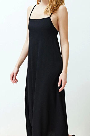 Moda Stil Relaxed Kare Yaka Maxi Boy Baskılı Ayarlanabilir Askılı A-Line Bürümcük Dokulu Örme Elbise