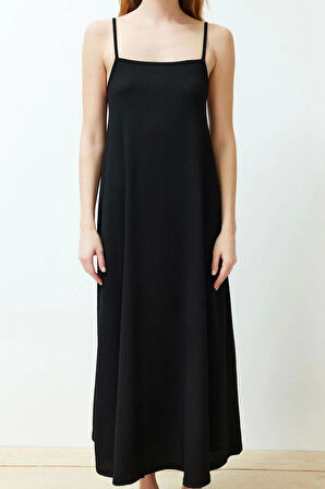 Moda Stil Relaxed Kare Yaka Maxi Boy Baskılı Ayarlanabilir Askılı A-Line Bürümcük Dokulu Örme Elbise