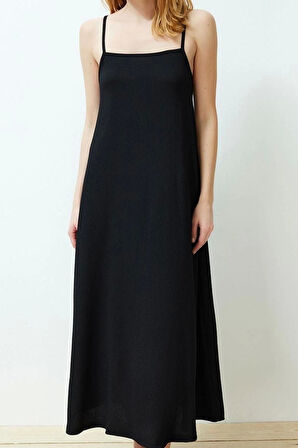 Moda Stil Relaxed Kare Yaka Maxi Boy Baskılı Ayarlanabilir Askılı A-Line Bürümcük Dokulu Örme Elbise