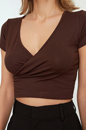Moda Kruvaze Örme Slim Düz Desen Casual Günlük Crop Kısa Kol Bluz