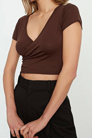 Moda Kruvaze Örme Slim Düz Desen Casual Günlük Crop Kısa Kol Bluz