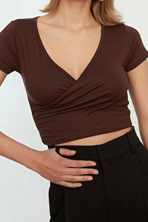 Moda Kruvaze Örme Slim Düz Desen Casual Günlük Crop Kısa Kol Bluz