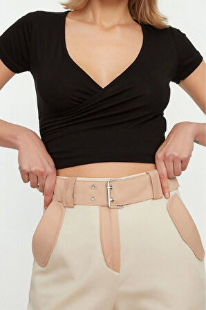 Moda Kruvaze Örme Slim Düz Desen Casual Günlük Crop Kısa Kol Bluz