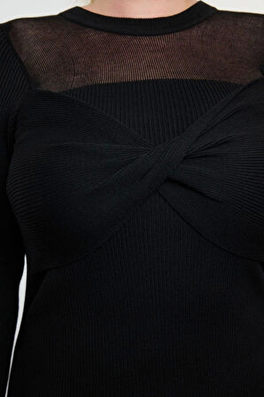Moda Fitted Bisiklet Yaka Midi Boy Büyük Beden Yaka Detaylı Fitilli Premium Özel İplik Triko Elbise