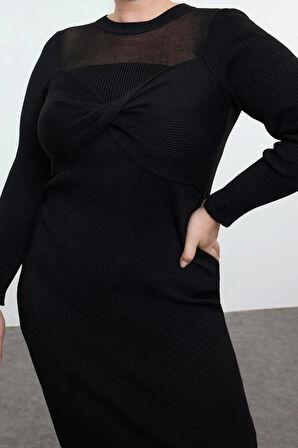 Moda Fitted Bisiklet Yaka Midi Boy Büyük Beden Yaka Detaylı Fitilli Premium Özel İplik Triko Elbise