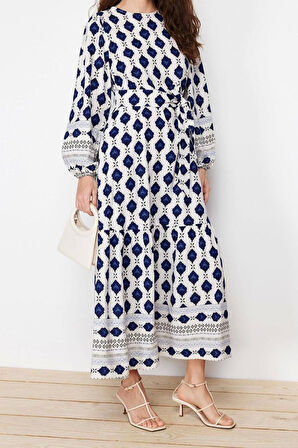 Moda Regular Casual Keten Dokuma Bisiklet Yaka Uzun Kol Eteği Fırfırlı Maxi Boy Tesettür Elbise