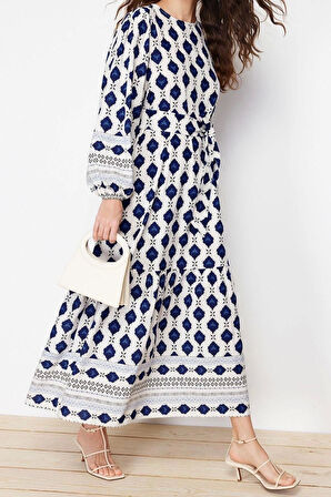 Moda Regular Casual Keten Dokuma Bisiklet Yaka Uzun Kol Eteği Fırfırlı Maxi Boy Tesettür Elbise