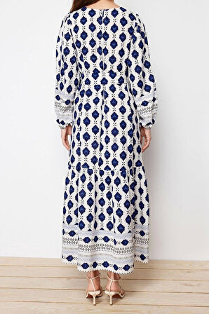 Moda Regular Casual Keten Dokuma Bisiklet Yaka Uzun Kol Eteği Fırfırlı Maxi Boy Tesettür Elbise