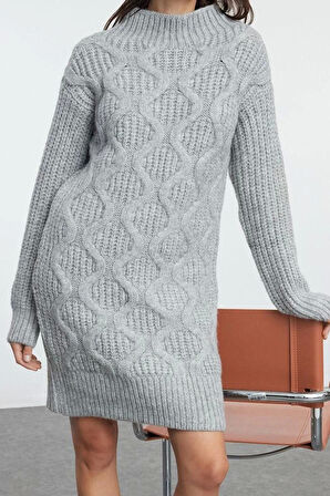 Moda Stil Regular Dik Yaka Mini Boy Triko Yumuşak Dokulu Saç Örgü Elbise